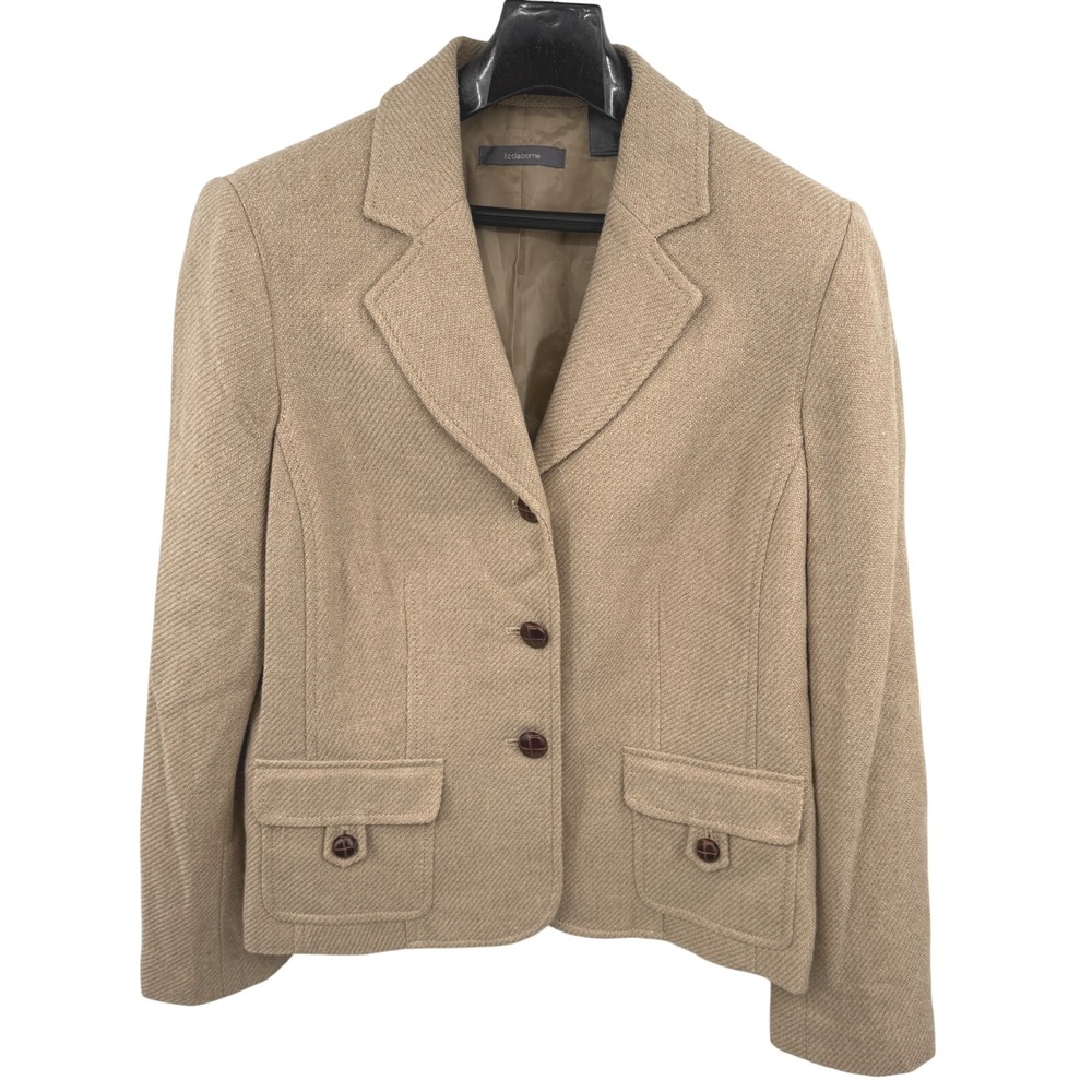 Liz Claiborne Women's Blazer 12 Brown Tan Wool Blend Ornate Buttons Preppy Fall